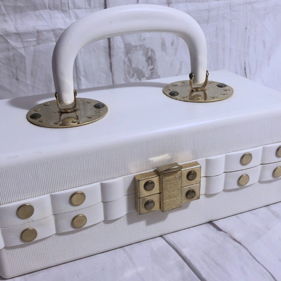 Handbags - 1960 White Lucite Box Purse Red Inside Gold Rivets